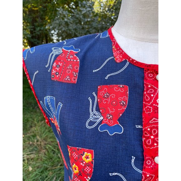 Vintage Full Smock Apron Hippy Bandana Print Red Blue - Picture 9 of 11